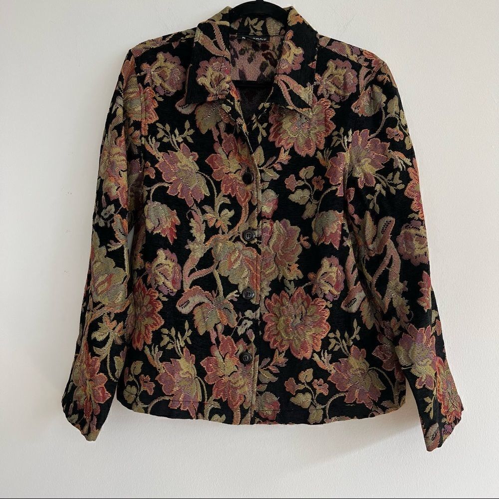Portrait Black Floral Botanical Tapestry Button Up Jacket Size Small